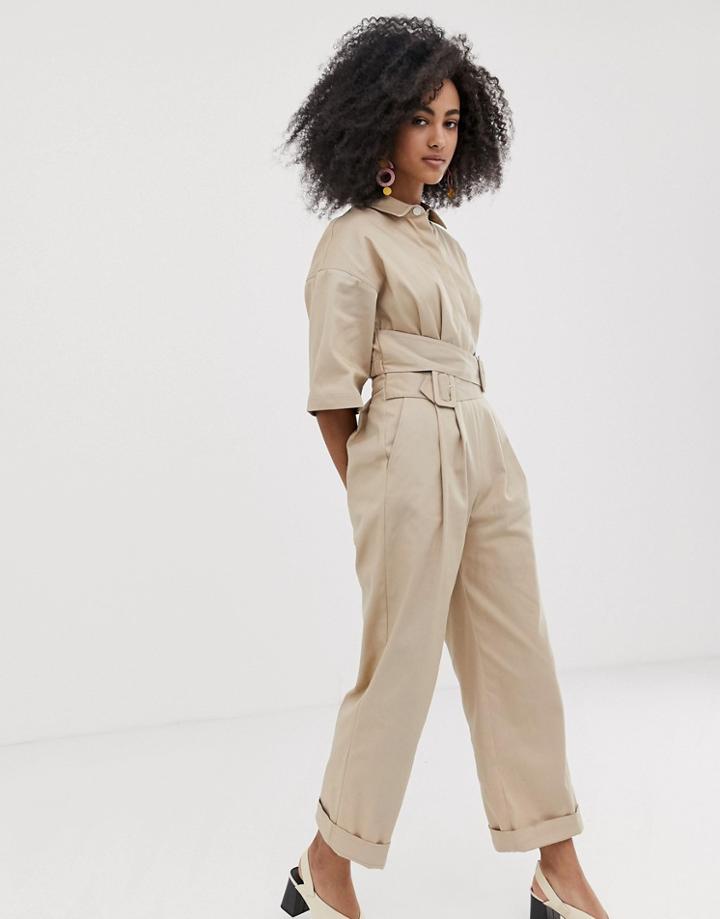 Asos White Open Back Jumpsuit With Belt Detailing-beige