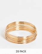 Asos Design Pack Of 20 Fine Bangle Bracelets In Gold Tone