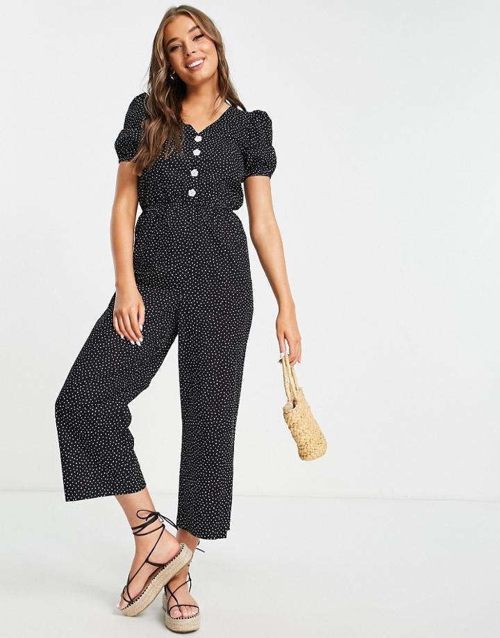 Monki Peg Jumpsuit With Puff Sleeves In Black Spot Print