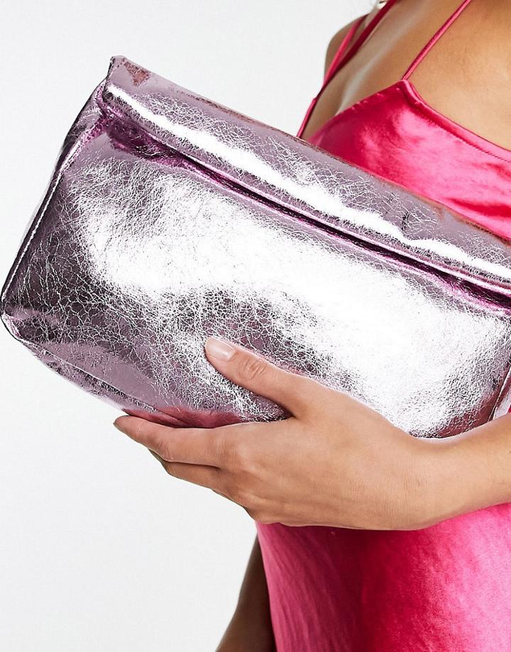 Asos Design Roll Top Clutch In Pink Metallic
