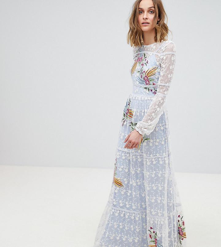 Frock And Frill Allover Embroidered Folk Maxi Dress - Blue