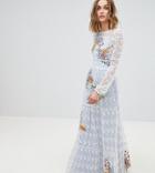Frock And Frill Allover Embroidered Folk Maxi Dress - Blue