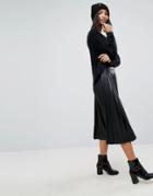Stradivarius Leather Look Pleat Midi Skirt - Black