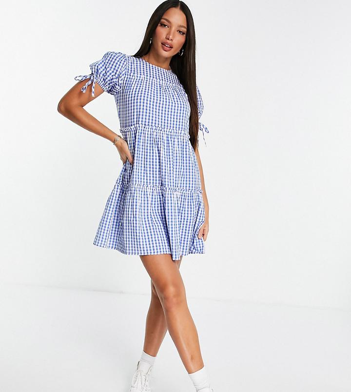 Influence Tall Tiered Gingham Mini Dress In Blue-blues
