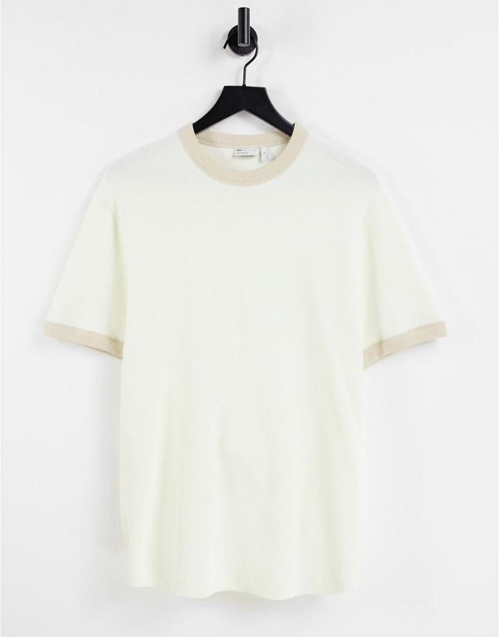 Asos Design Waffle T-shirt In Cream With Beige Ringer-white