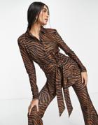 River Island Glitter Animal Print Belted Shirt In Brown - Part Of A Set
