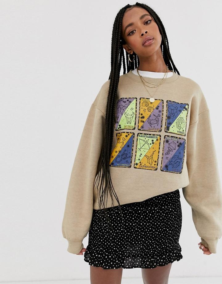 Daisy Street Relaxed Sweatshirt With Tarot Card Print - Beige