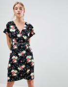 Qed London Floral Print Kimono Sleeve Dress With Wrap Front - Black