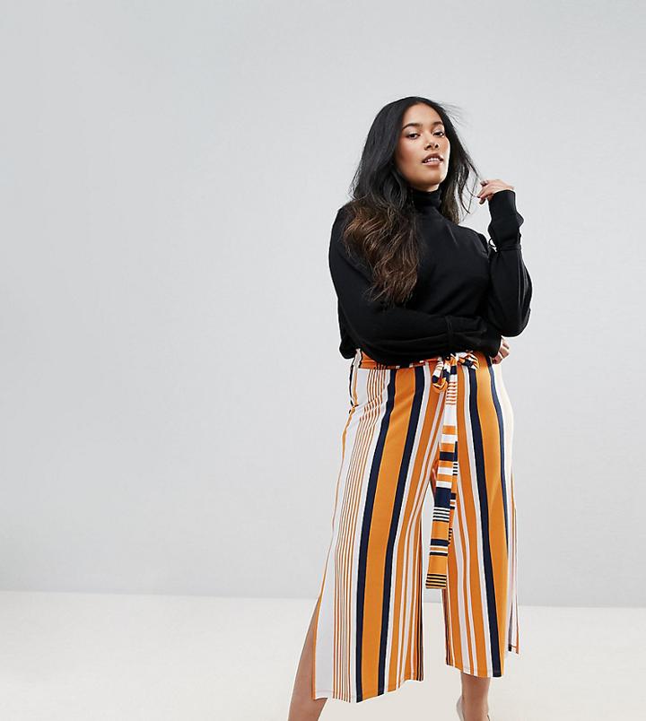 Asos Curve Wide Leg Culotte Pants With Side Splits And Tie Waist In Stripe - Multi