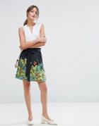 Oasis Tropical Print Skater Skirt - Black