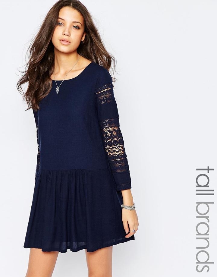 Vero Moda Tall Lace Sleeve Drop Waist Skater Dress - Black Iris