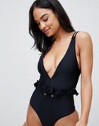 Lost Ink Plunge Front Swimsuit - Black