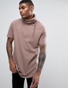 Asos Longline T-shirt With Drawcord Funnel Neck Detail In Brown - Brown