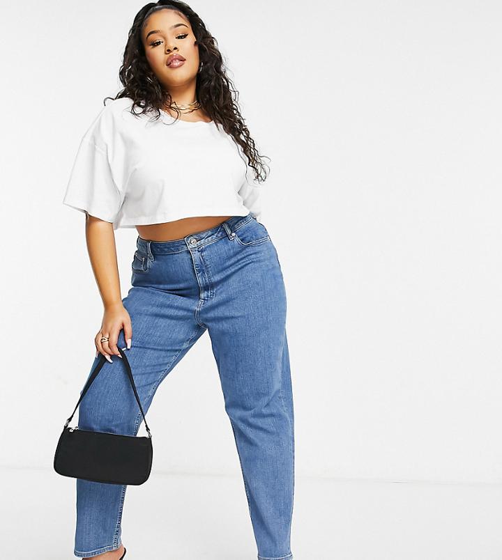 Asos Design Curve High Rise Farleigh 'slim' Mom Jeans In Midwash-blues