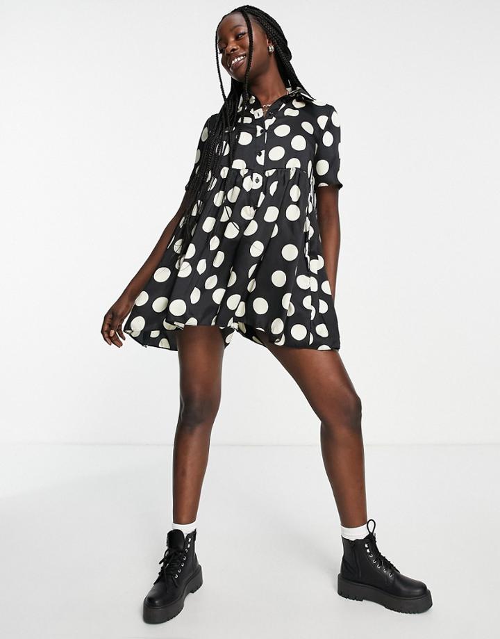 Asos Design Satin Shirt Smock Romper In Polka Dot-multi