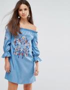 Parisian Off Shoulder Embroidered Denim Dress - Blue