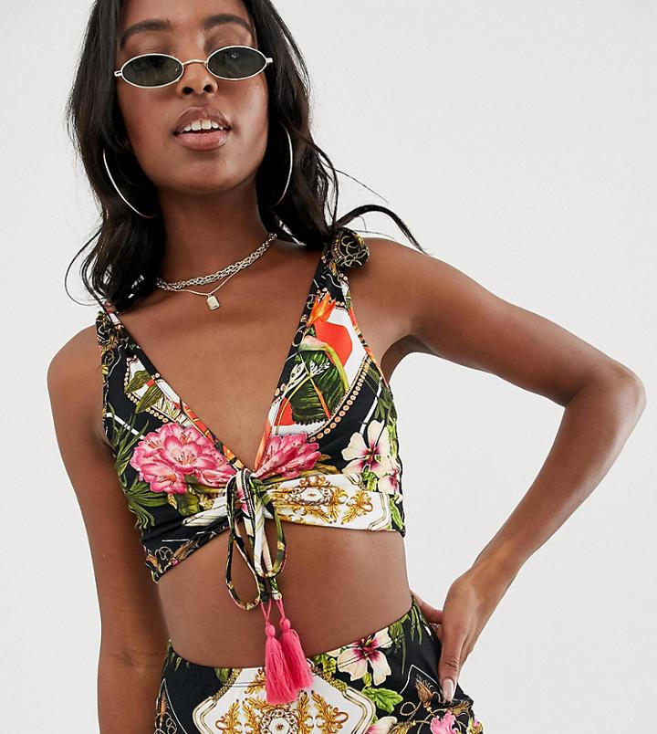 Asos Design Tall Jersey Beach Crop Top With Ruched Front In Dark Tropical Print Two-piece-multi