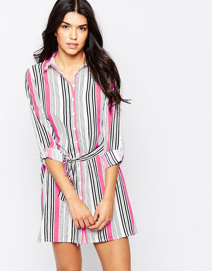 Parisian Shirt Dress With Tie Waist In Mixed Stripe - White