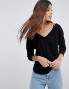 Asos V-neck Slouchy T-shirt With Long Sleeves - Black