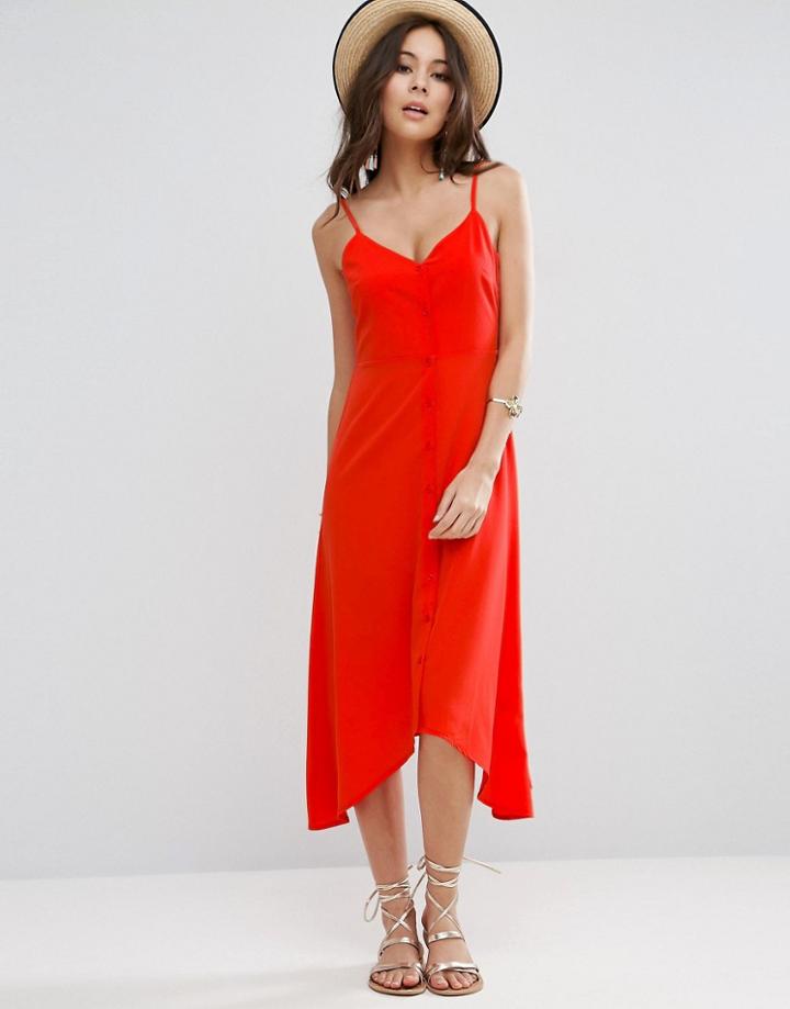Asos Midi Button Through Sun Dress With Dipped Hem - Red