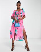 Liquorish Floral Midi Dress With Cut-out Front In Pink