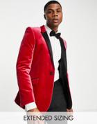 Asos Design Super Skinny Velvet Blazer With Contrast Lapel In Raspberry Red-pink