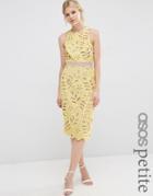 Asos Petite Premium Lace Midi Pencil Dress With Contrast Seams - Yellow