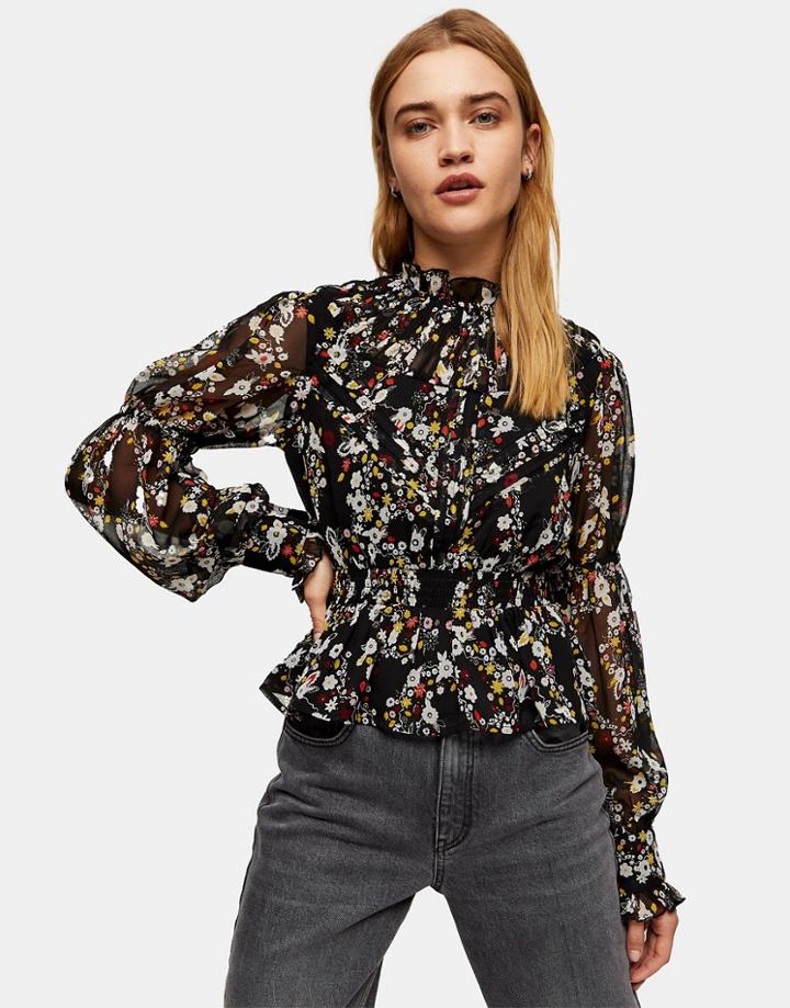 Topshop Floral Print Pintuck Detail Blouse In Black
