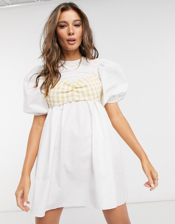 Asos Design Cotton Smock Mini Dress With Yellow Gingham Crop Top-white
