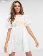 Asos Design Cotton Smock Mini Dress With Yellow Gingham Crop Top-white