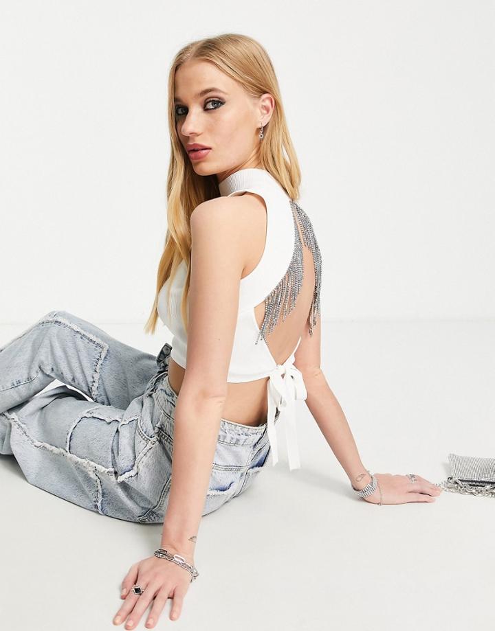 Bershka Tie Up Open Back Diamante Fringe Detail Top In White