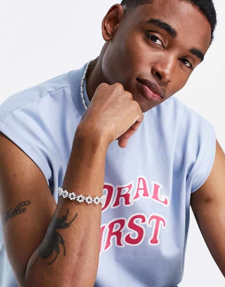 Asos Design Festival Floral Faux Pearl Chain Bracelet-white