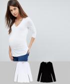 Asos Design Maternity Ultimate Top With Long Sleeve And V-neck 2 Pack Save-multi