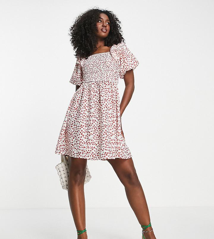 In The Style X Jac Jossa Shirred Bust Frill Sleeve Tiered Mini Smock Dress In Berry Floral-multi