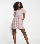 In The Style X Jac Jossa Shirred Bust Frill Sleeve Tiered Mini Smock Dress In Berry Floral-multi