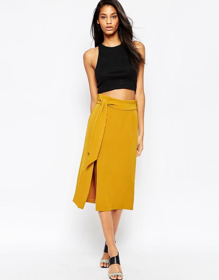 Asos Midi A-line Split Detail Obi Belt Skirt - Mustard