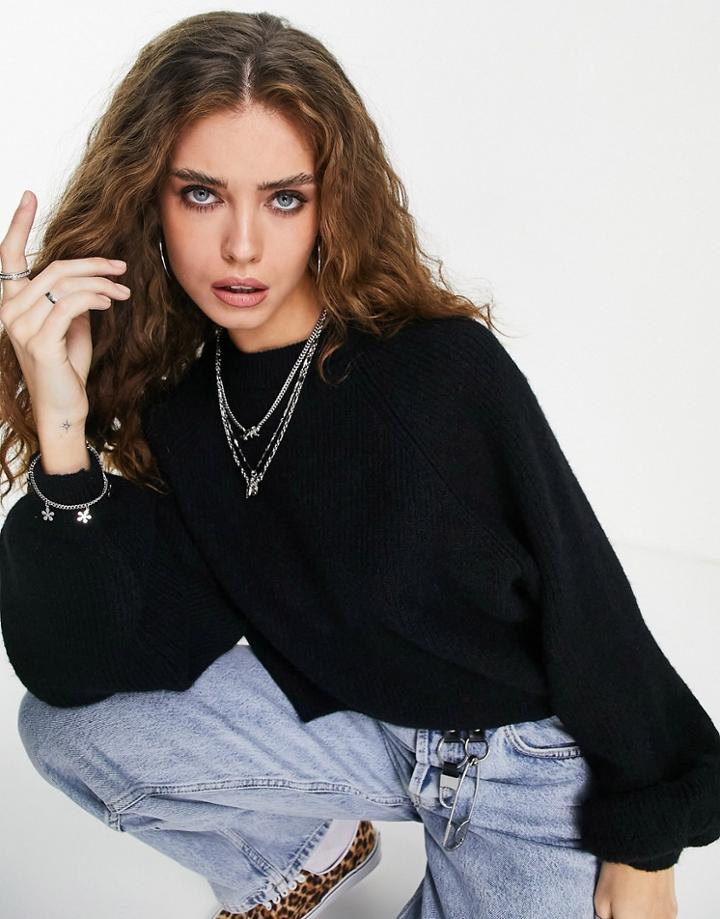 Topshop Knitted Pleat Sleeve Crop Sweater In Black