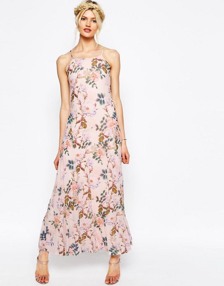 Asos Occassion Printed Mesh Maxi Dress - Pink