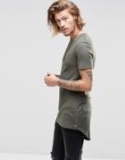 Asos Super Longline Muscle T-shirt In Rib With Popper Curved Hem In Khaki - Spinach