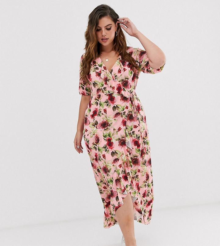 Asos Design Curve Frill Wrap Maxi Dress In Floral Print-multi