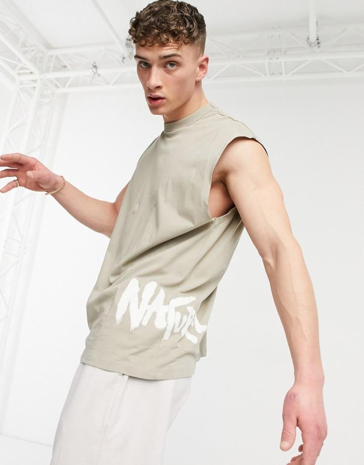 Asos Design Oversized Tank In Stone With Graffiti Print-neutral