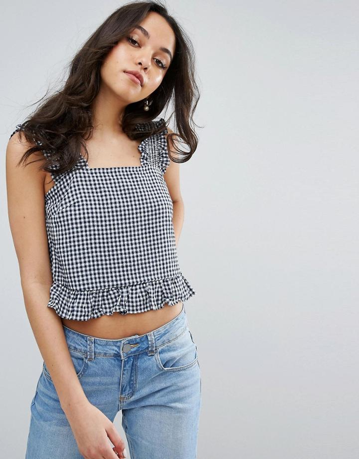 Lost Ink Gingham Frill Crop Top - Navy