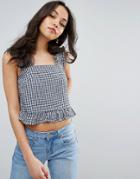 Lost Ink Gingham Frill Crop Top - Navy
