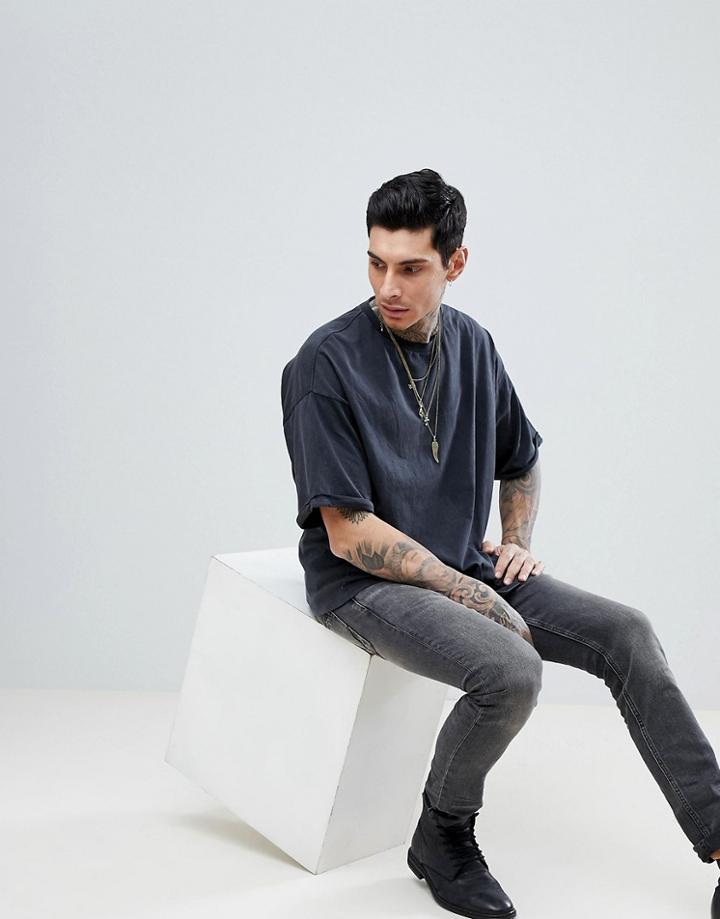 Allsaints Oversized T-shirt In Washed Black - Black