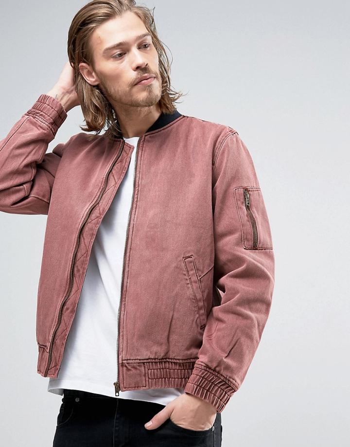 Asos Bomber Jacket In Washed Burgundy Denim - Red