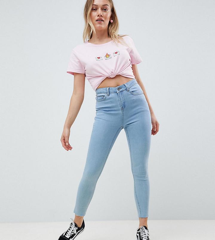 Chorus Petite Raw Hem High Rise Skinny Jeans With Rose Embroidered Pocket-blue