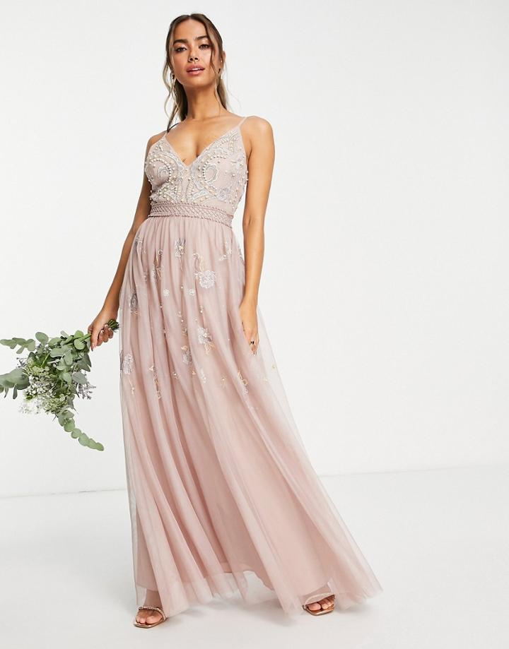 Asos Design Bridesmaid Pearl Embellished Cami Maxi Dress With Floral Embroidery In Rose-pink