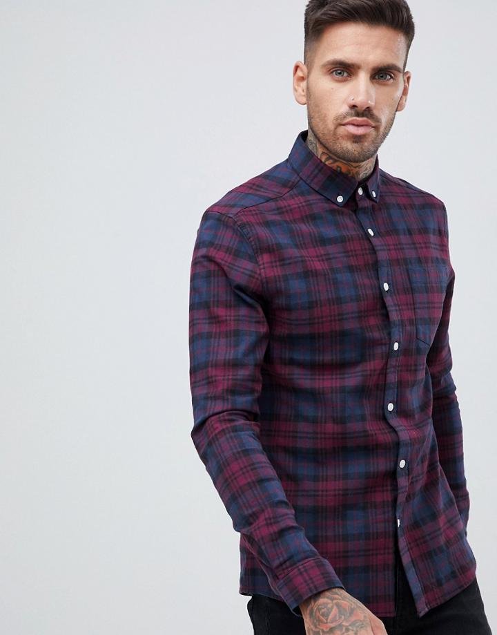 Asos Design Skinny Check Shirt In Navy & Burgundy-red