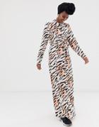 Asos Design Long Sleeve Button Through Maxi Dress With Belt In Zebra Print - Multi