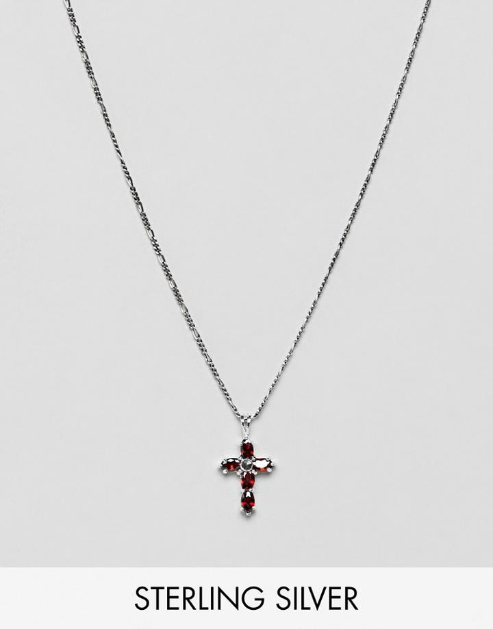 Asos Design Sterling Silver Necklace With Cross & Red Stones - Silver